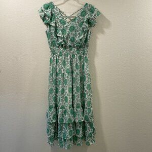 LACEY CHABERT Flutter Sleeve Tiered Ruffled Sheer Lined Maxi Dress, Green - M